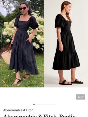 Abercrombie & Fitch Black Puff-Sleeve Smocked Midi Dress